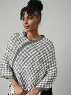 Machine Washable Design Stretch Recovery Fabric Women's Grey Geometric Print Longline Fringed Poncho
