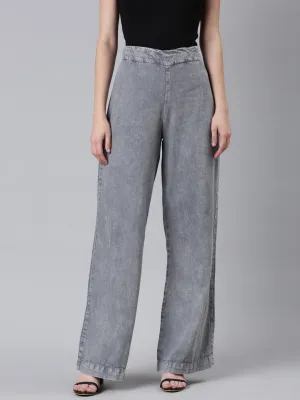 Women's Grey Mid Rise Wide Leg Denim Jeans Smart Design