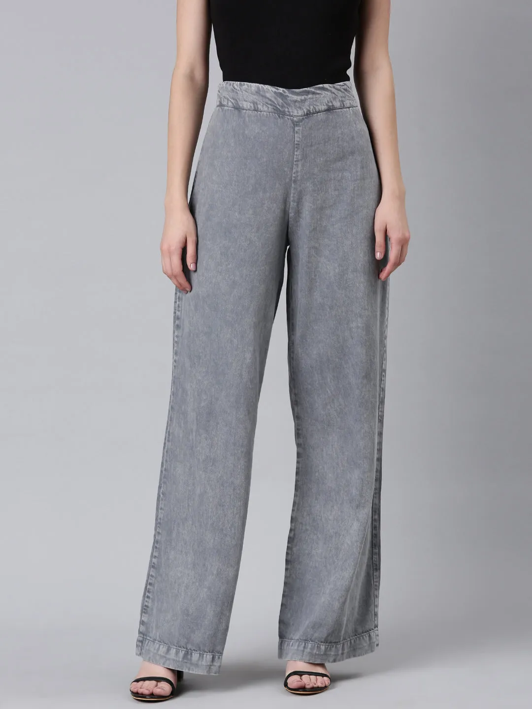 Women's Grey Mid Rise Wide Leg Denim Jeans Smart Design