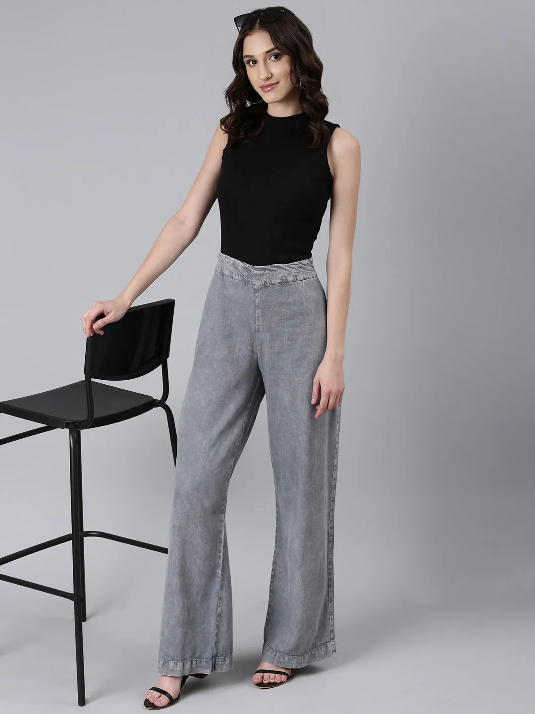 Season Ready Utility Basic Women's Grey Mid Rise Wide Leg Denim Jeans