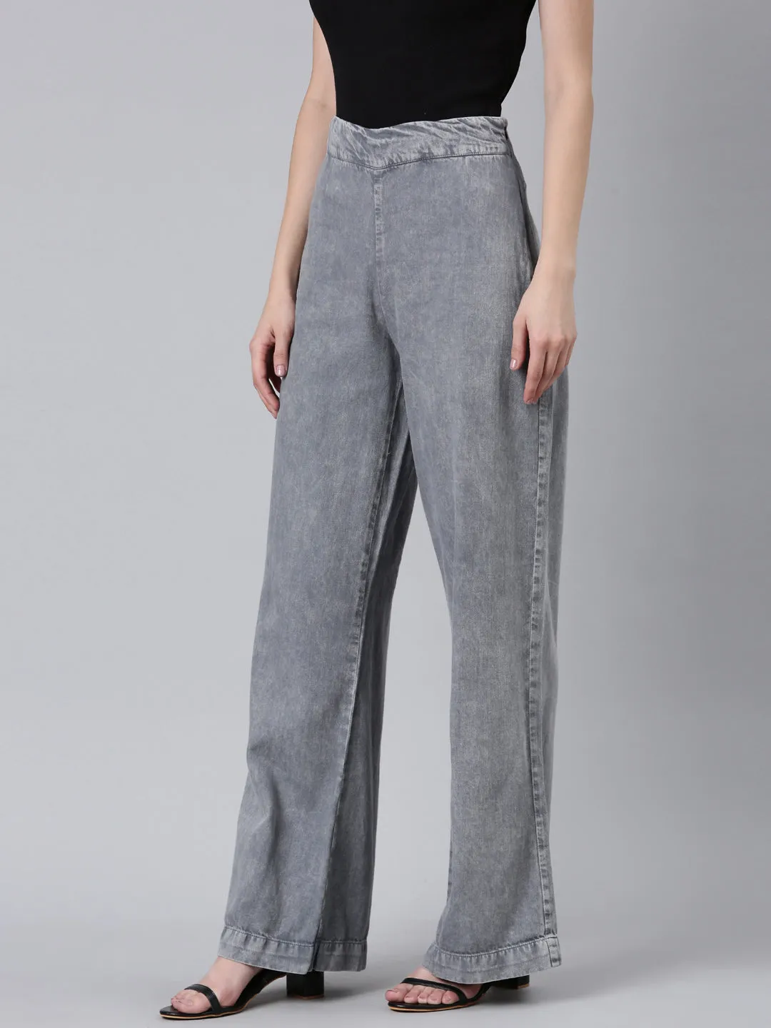 Women's Grey Mid Rise Wide Leg Denim Jeans Daily Basic Lightweight Feel