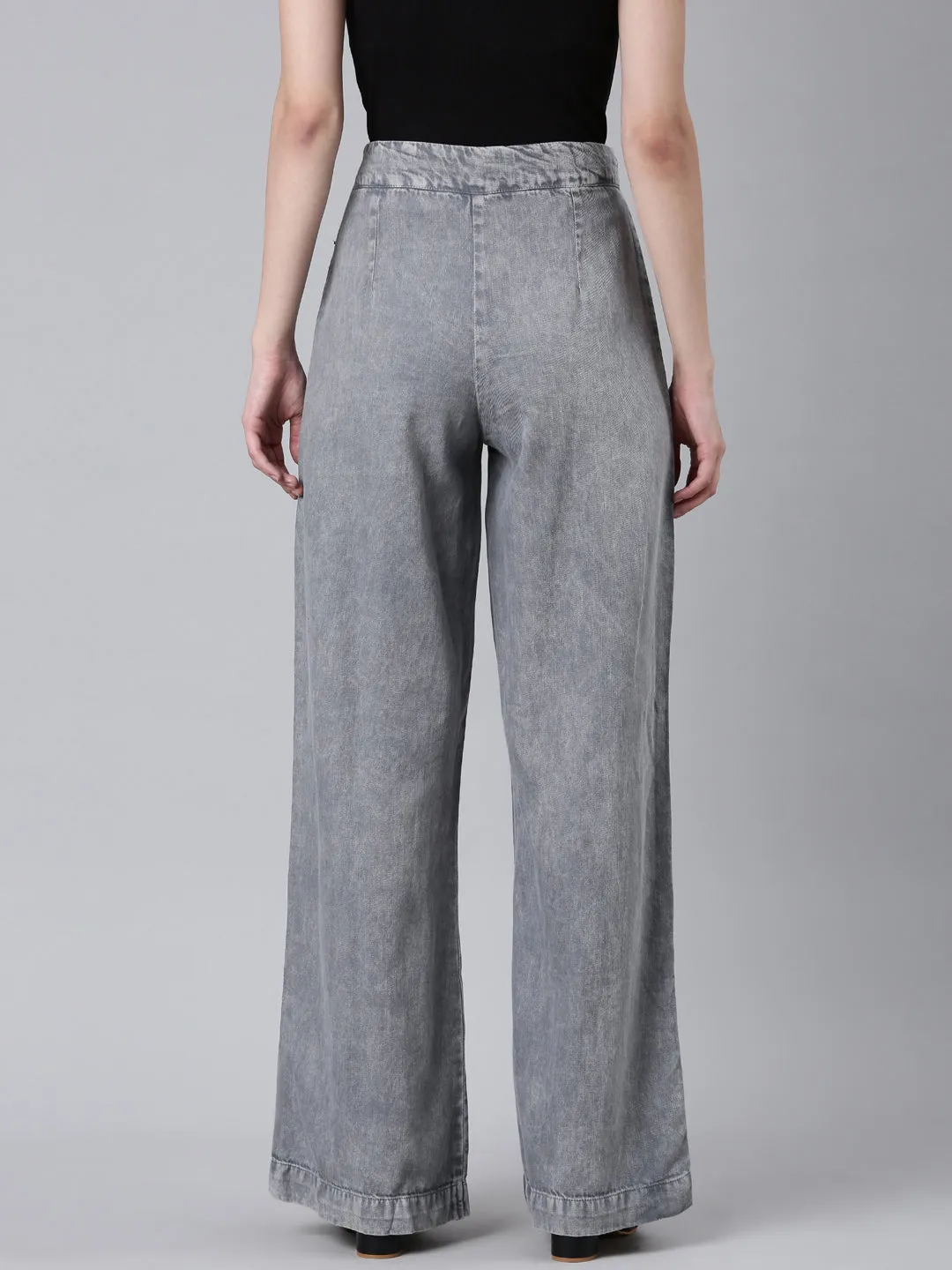 Women's Grey Mid Rise Wide Leg Denim Jeans Textured Loose Luxury Slim Design