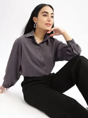 Dimensional Stability Weave Women's Grey Relaxed Solid Drop Shoulder Wrinkle Free Oversized Shirt