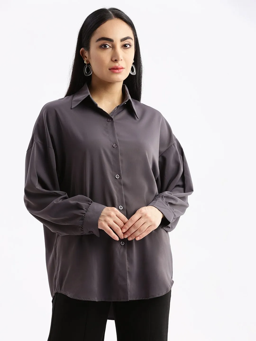 Trendy Comfort Wear Cozy Design Fit Women's Grey Relaxed Solid Drop Shoulder Wrinkle Free Oversized Shirt
