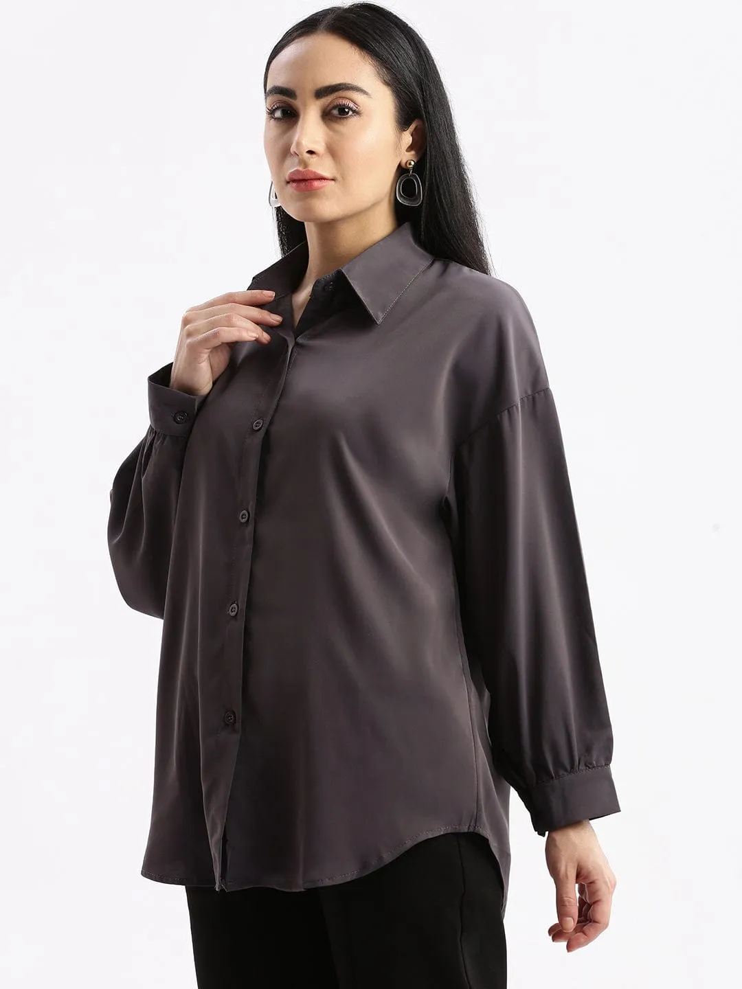 Leather combination Women's Grey Relaxed Solid Drop Shoulder Wrinkle Free Oversized Shirt