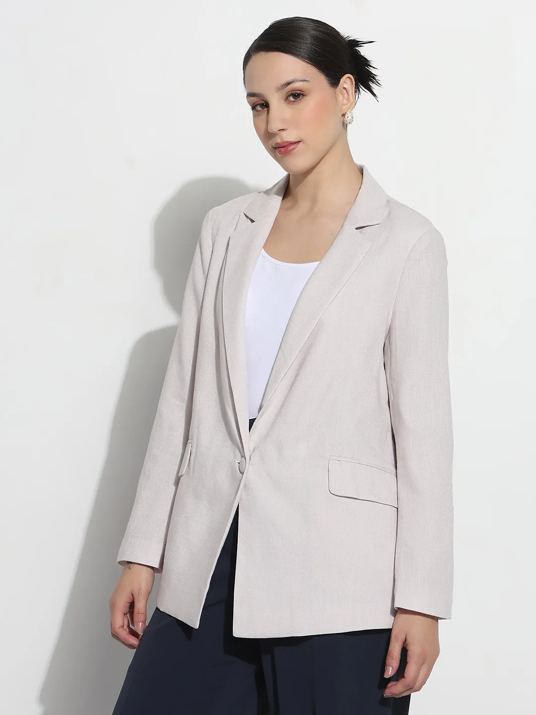 Essential Fit Women's Grey Single Breasted Blazer with Shoulder Pads