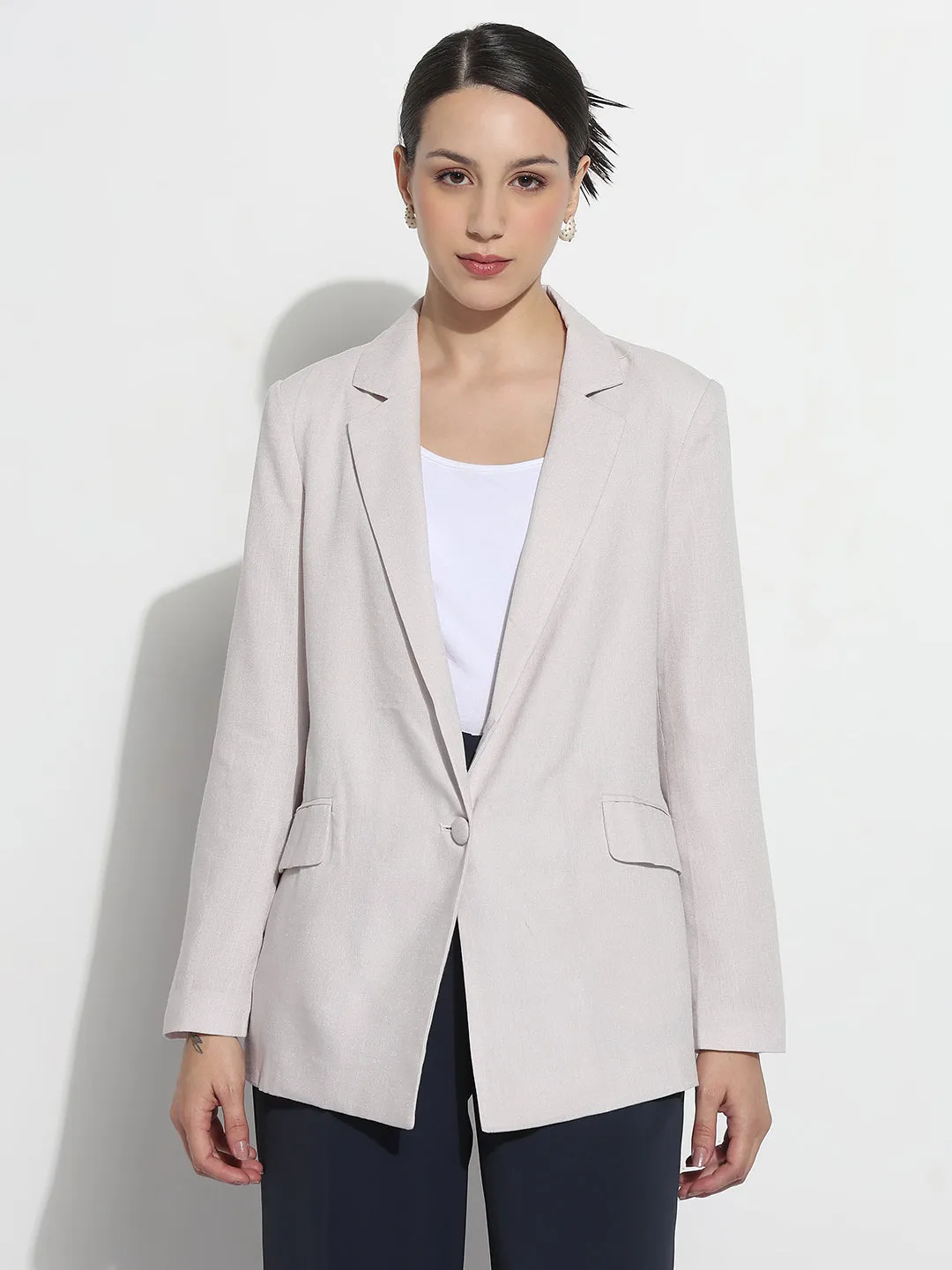 Women's Grey Single Breasted Blazer with Shoulder Pads Thermal Retention Layer DetachableLining