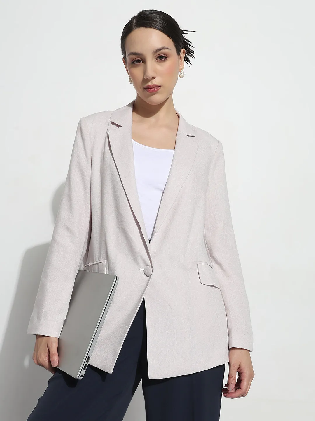 Recycled Polyester Blend Women's Grey Single Breasted Blazer with Shoulder Pads