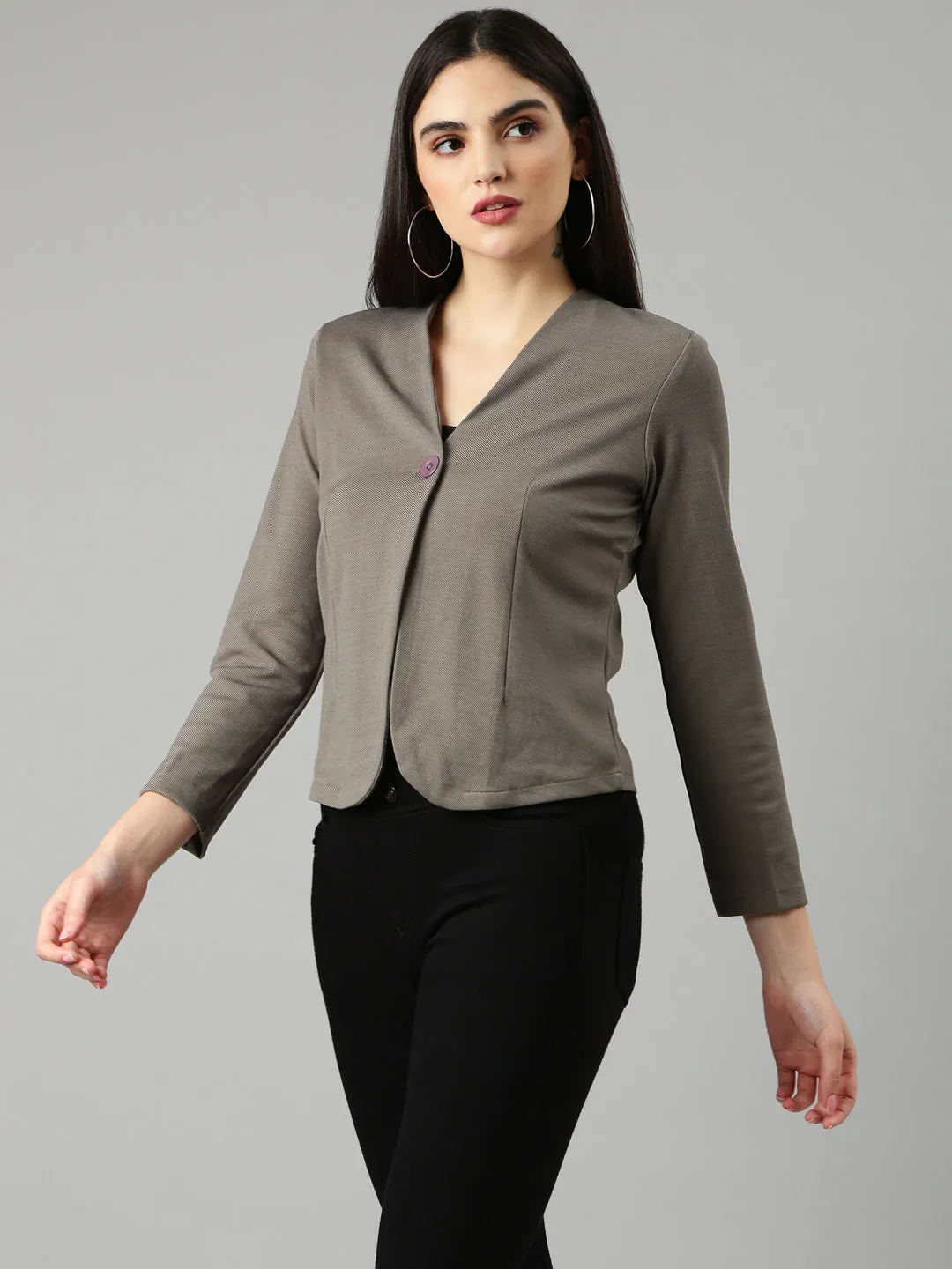 Women's Grey Slim Fit V-Neck Single-Breasted Casual Blazer Timeless Piece Weatherproof Zipper
