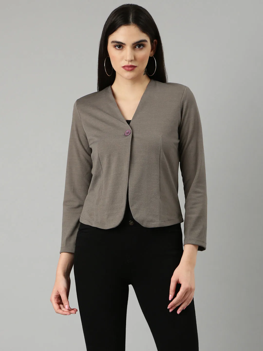Soft Touch Lining Women's Grey Slim Fit V-Neck Single-Breasted Casual Blazer