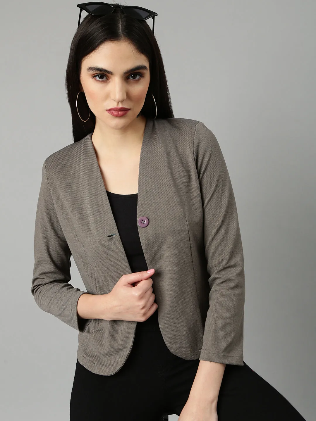 Women's Grey Slim Fit V-Neck Single-Breasted Casual Blazer Eco Dye Process