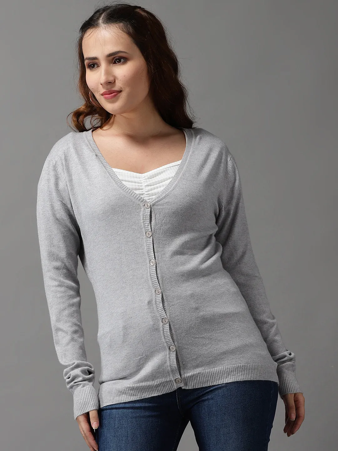 Off-Duty Fit Fresh Comforted Women's Grey Solid Front-Open Sweater