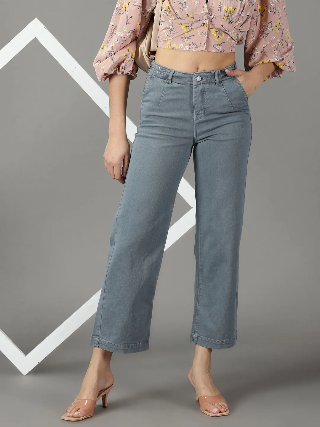 Women's Grey Wide Leg High-Rise Cotton Jeans Fashion Uniform Casual Luxury Winter Warmth