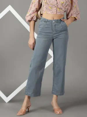 Women's Grey Wide Leg High-Rise Cotton Jeans Fashion Uniform Casual Luxury Winter Warmth