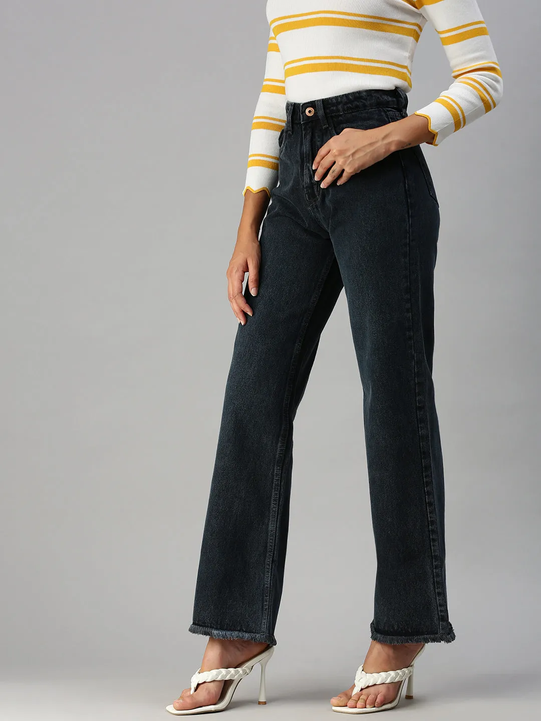 Women's Grey Wide Leg High-Rise Denim Jeans Popular Option Rainy Day Winter Warmth Autumn Days