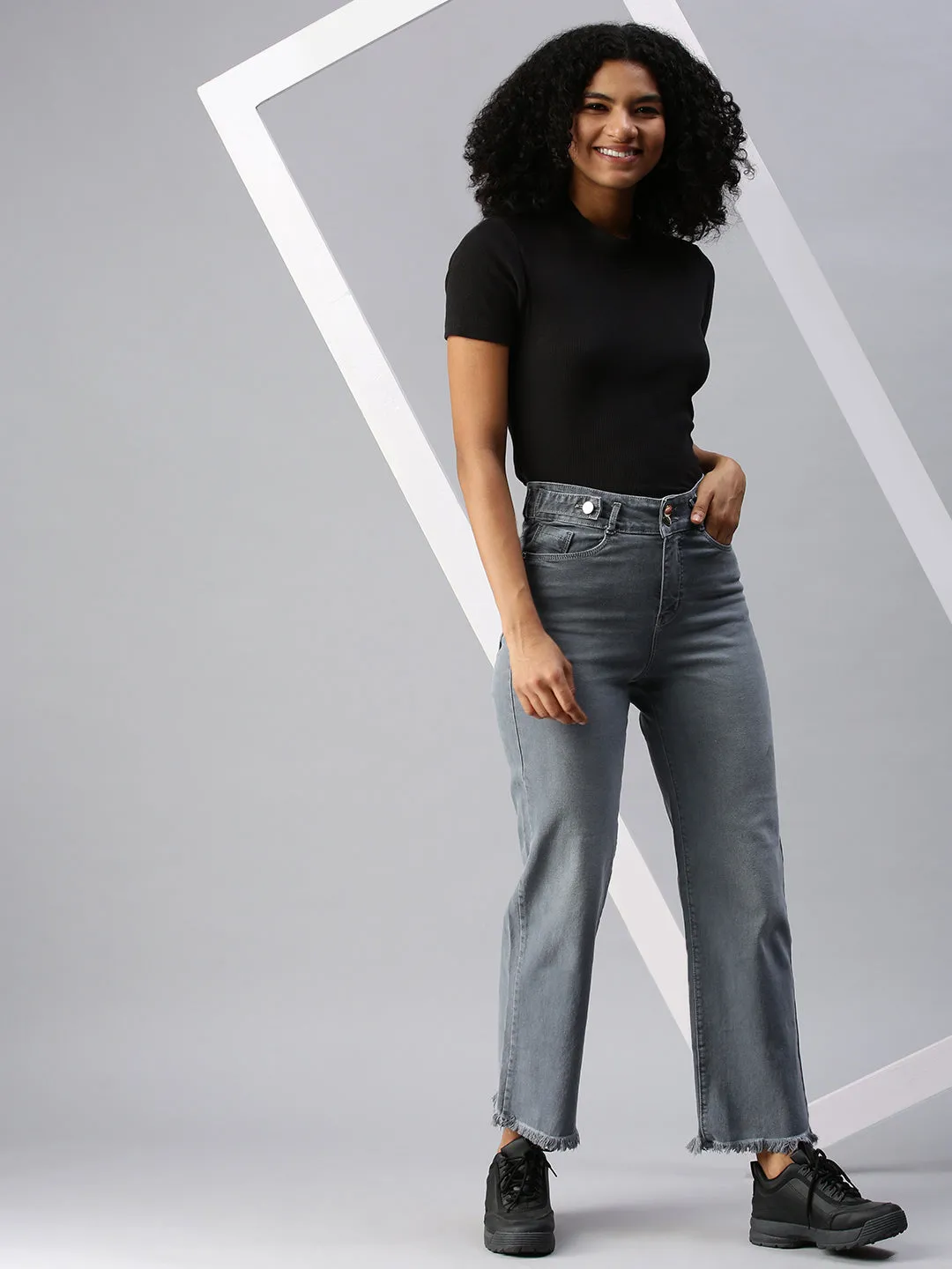 Women's Grey Wide Leg High-Rise Heavy Fade Stretchable Denim Jeans Relaxed Style Neutral Timeless Choice