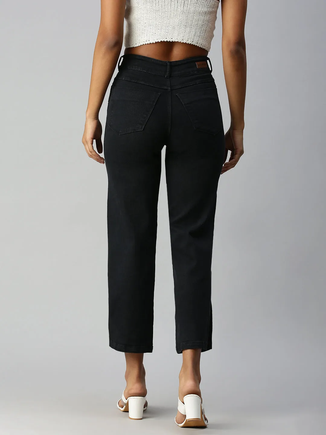 Women's Grey Wide Leg High-Rise Stretchable Jeans Laser Cut Edges