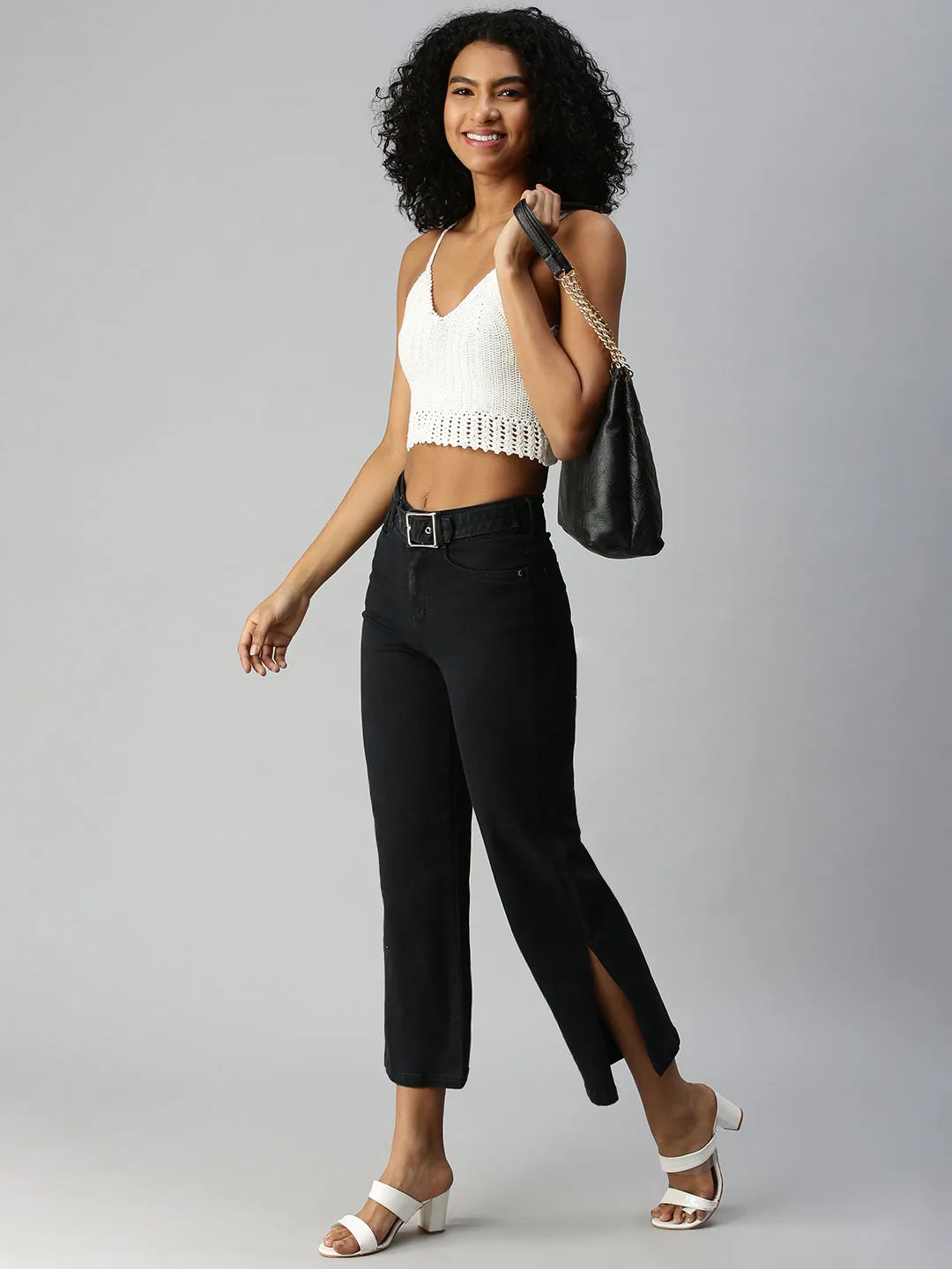 Women's Grey Wide Leg High-Rise Stretchable Jeans Wrinkle Free Fabric Treatment Holiday Vibes Date Night Lightweight