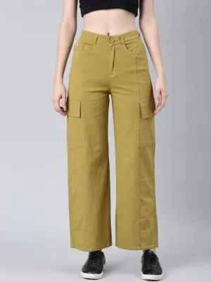 Women's Khaki Wide Leg Denim Cargo Jeans Relaxed Cut