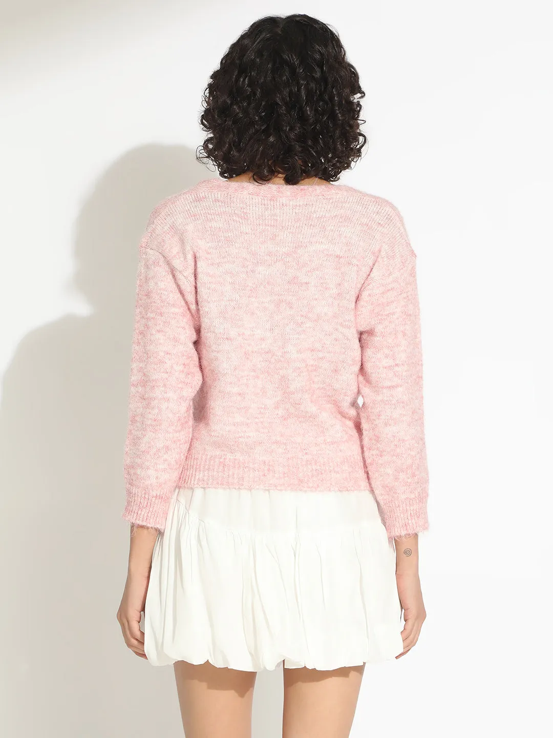 Gentle Fabric Women's Knitted Pink V-Neck Embellished Sweater
