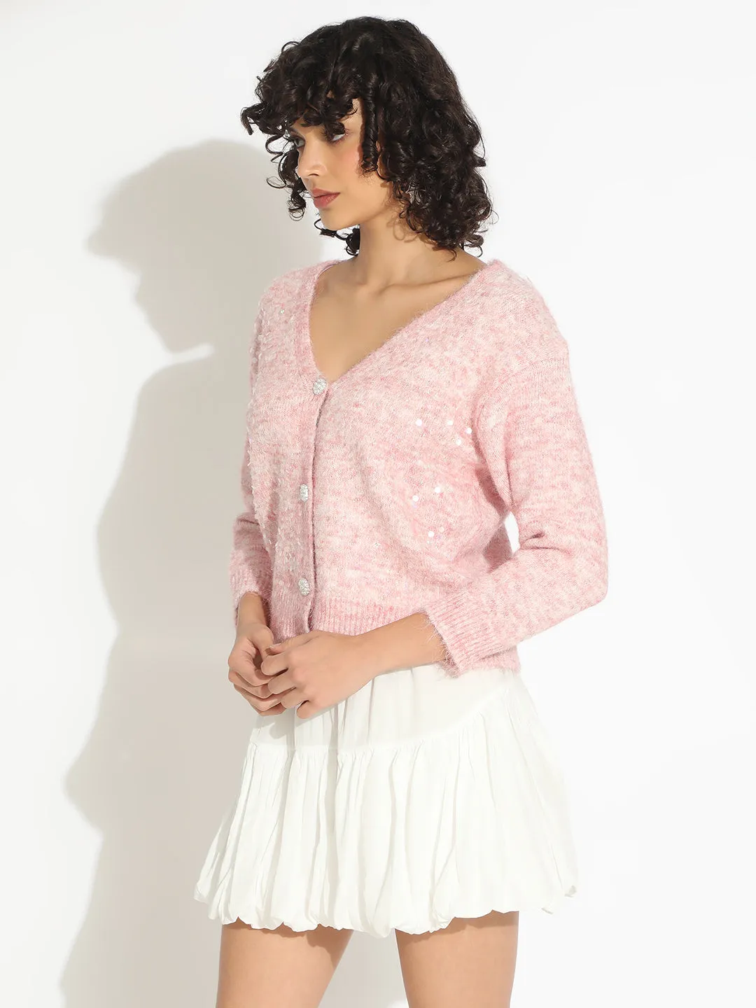 Women's Knitted Pink V-Neck Embellished Sweater Anti Snag Fabric