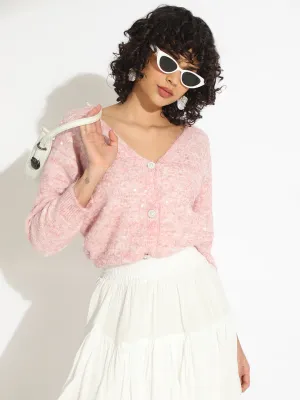 Women's Knitted Pink V-Neck Embellished Sweater ShrinkResistant Weave