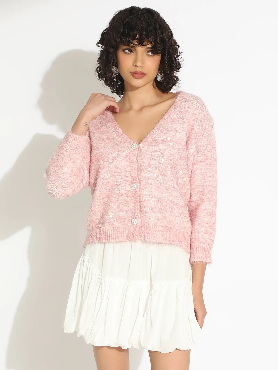 MultiPly Yarn Construction Tencel Blend Material Women's Knitted Pink V-Neck Embellished Sweater