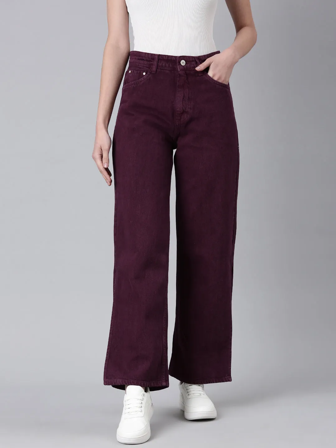 Stylish Cut Sustainable Student Outfit Nature Lover Women's Magenta Wide Leg Slit Hem Denim Jeans