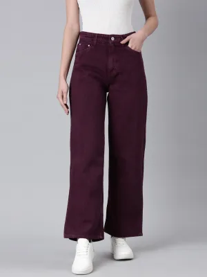 Stylish Cut Sustainable Student Outfit Nature Lover Women's Magenta Wide Leg Slit Hem Denim Jeans