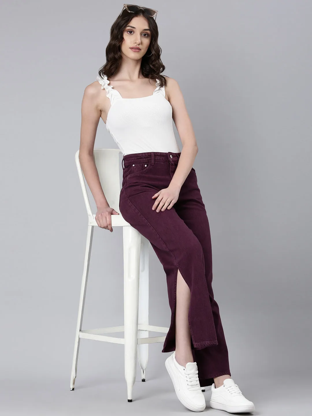 Stylish Adult Fashion Neutral Fabric Women's Magenta Wide Leg Slit Hem Denim Jeans