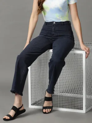 Beach Day Winter Warmth Classic Breathable Brunch Outfit Women's Navy Blue Clean Look Wide Leg High-Rise Stretchable Jeans