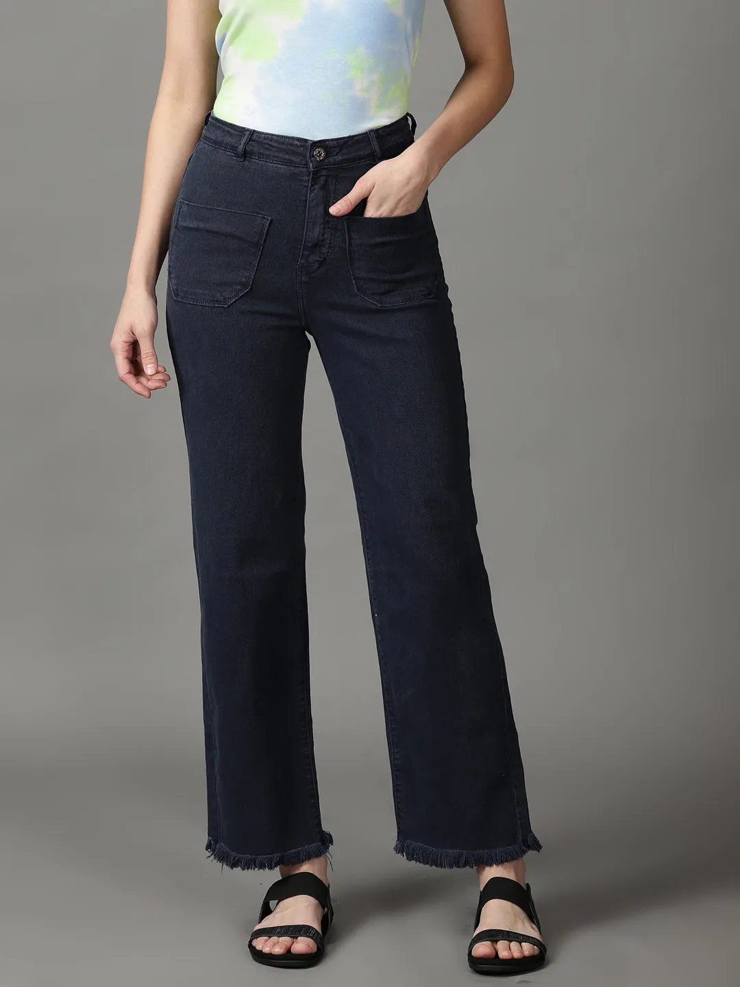 Casual Comfort Women's Navy Blue Clean Look Wide Leg High-Rise Stretchable Jeans