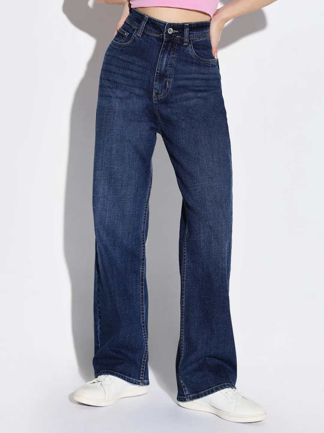 Women's Navy Blue Comfort Wide Leg Light Fade Jeans Chill Outfit Artist Vibe Smooth