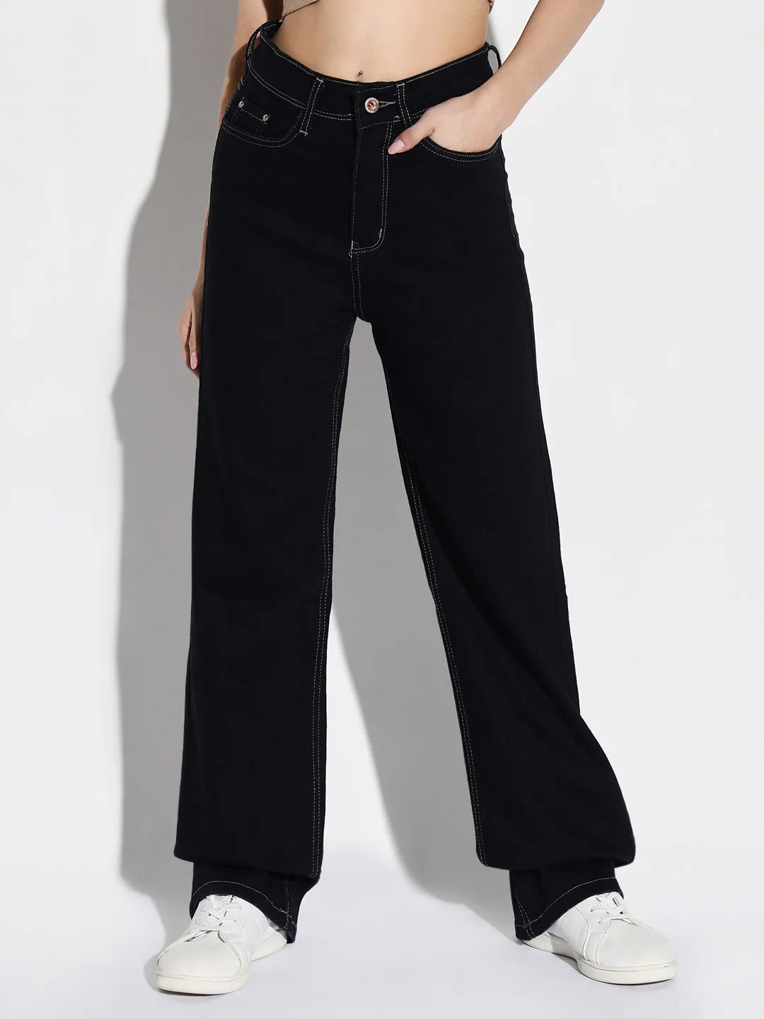 Women's Navy Blue Comfort Wide Leg Stretchable Jeans Formal Adult Fashion Stain Release Finish