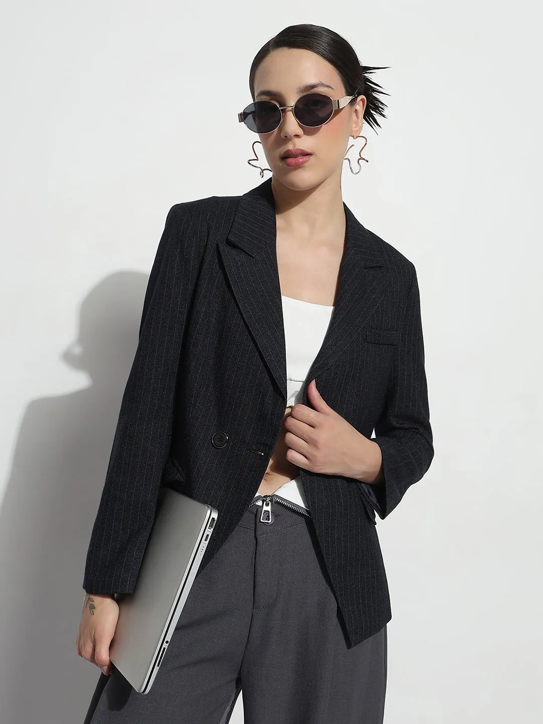 Easy Comfort Casual Outdoor Look Women's Navy Blue Double Breasted Blazer with Shoulder Pads