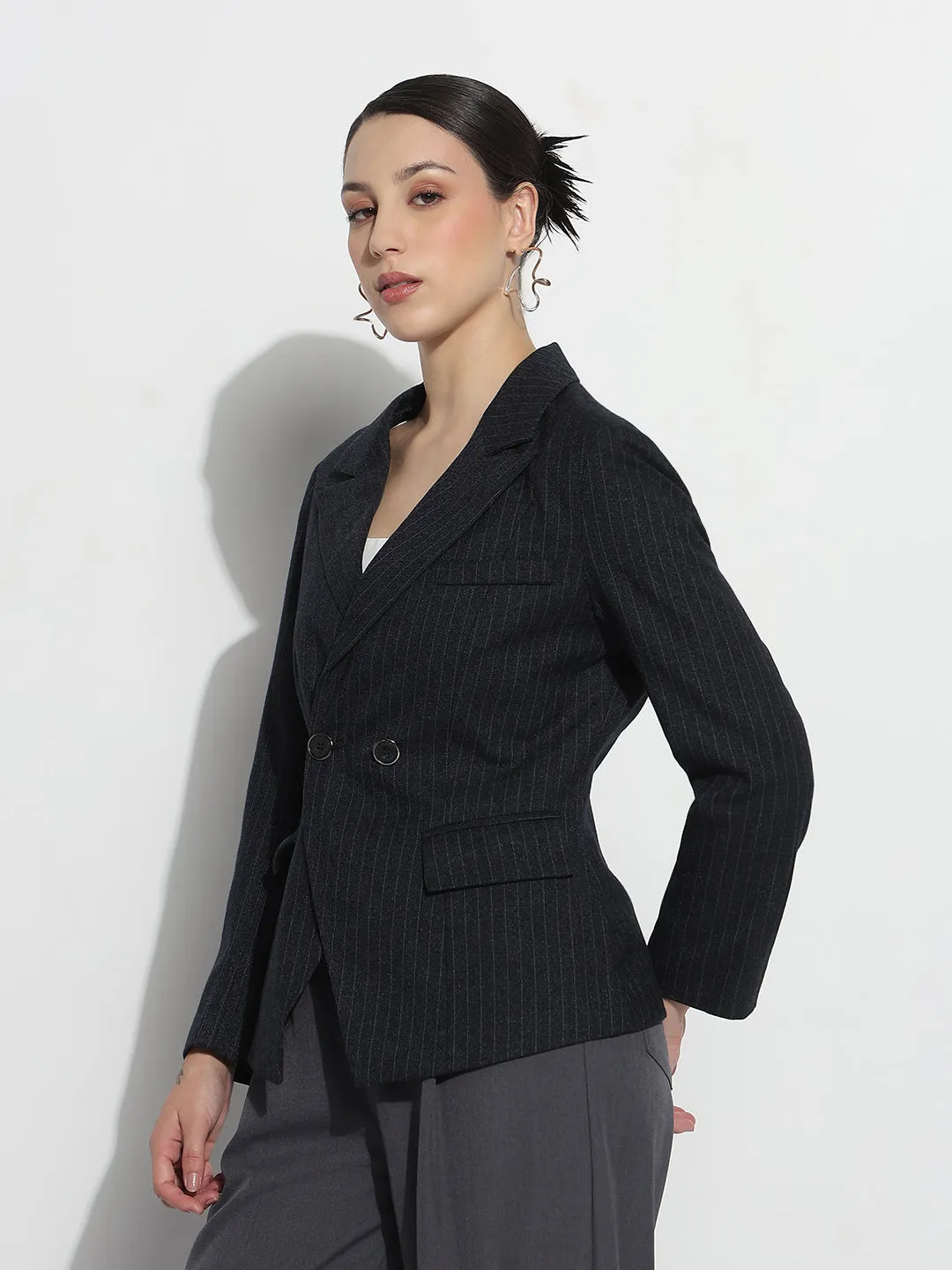 Slip Resistant Grip Women's Navy Blue Double Breasted Blazer with Shoulder Pads