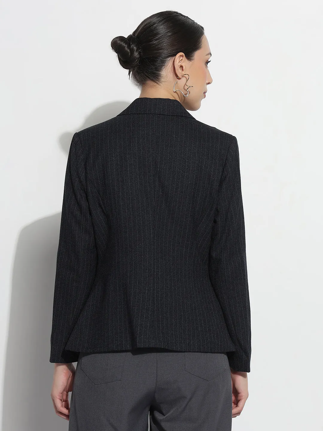 Elasticized Edging Layered Neckline Women's Navy Blue Double Breasted Blazer with Shoulder Pads