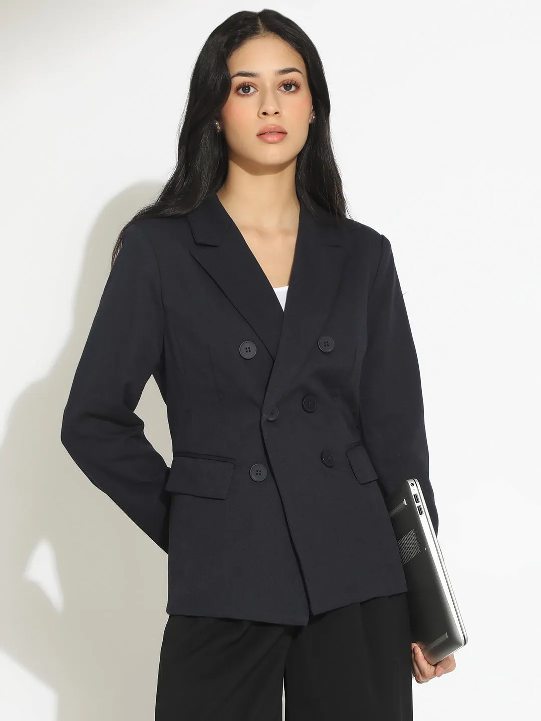 Women's Navy Blue Double-Breasted Blazer with Shoulder Pads HeatRetentionTechnology