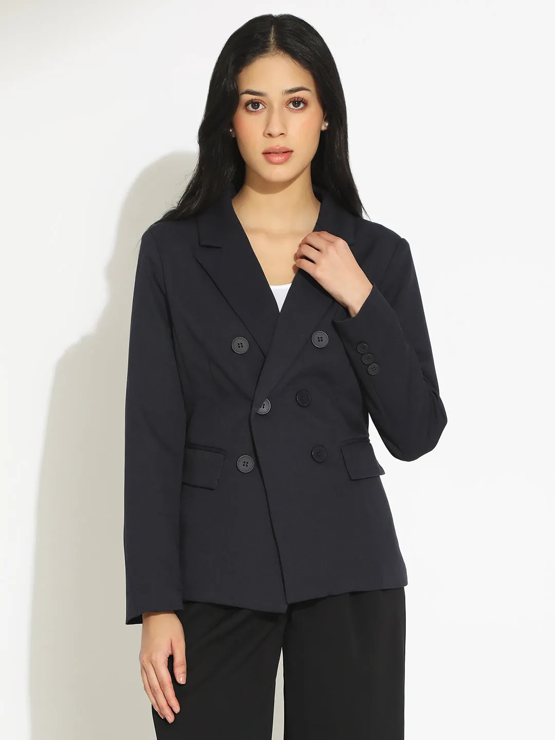 Airtight Seam Sealing Temperature Adaptive Women's Navy Blue Double-Breasted Blazer with Shoulder Pads