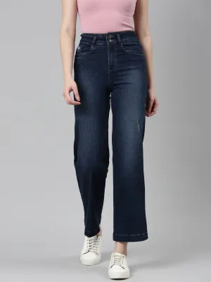 Women's Navy Blue Jean Wide Leg Light Fade Denim Jeans Classic Fit Design Loose Smooth Shopping Day