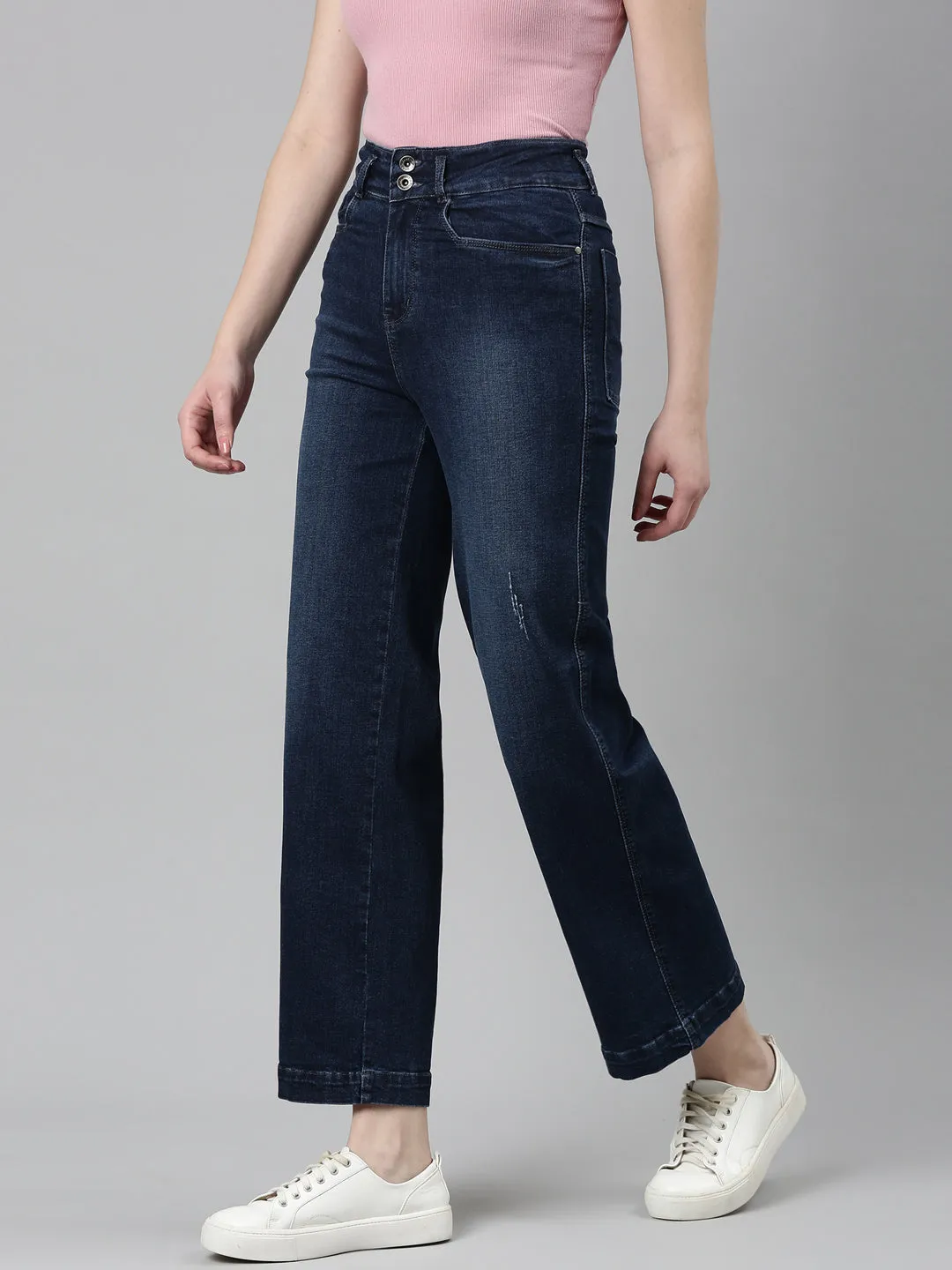 Women's Navy Blue Jean Wide Leg Light Fade Denim Jeans Everyday Neutral Office Wear Modern