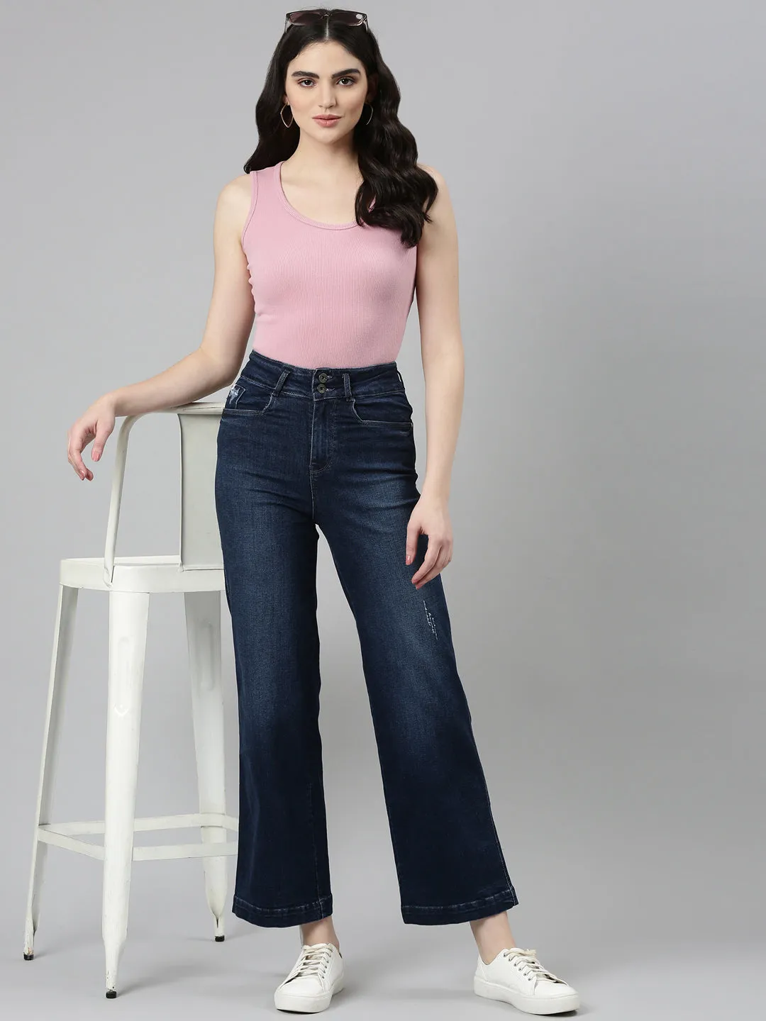 Sleek Waist Design Women's Navy Blue Jean Wide Leg Light Fade Denim Jeans