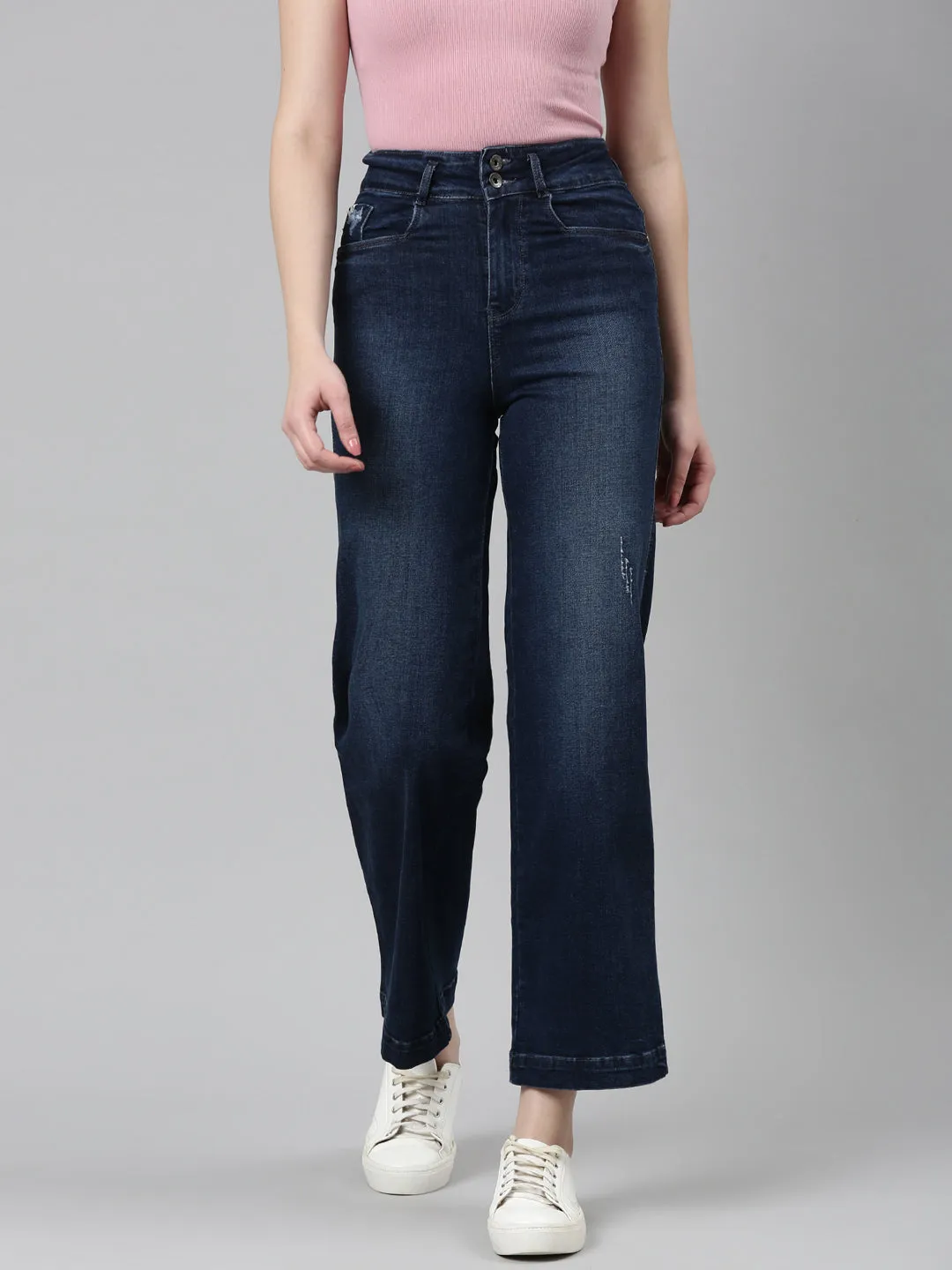 Women's Navy Blue Jean Wide Leg Light Fade Denim Jeans Classic Fit Design Loose Smooth Shopping Day