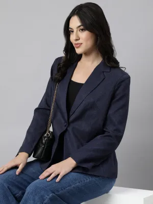 Women's Navy Blue Single Breasted Slim-Fit Blazer Body Mapped Ventilation