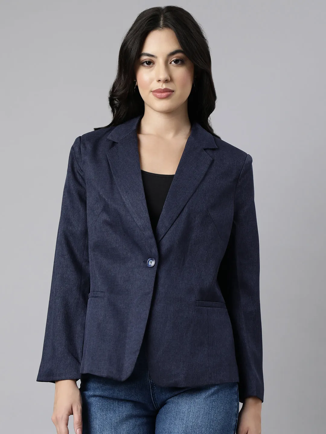 CompactPacking Women's Navy Blue Single Breasted Slim-Fit Blazer