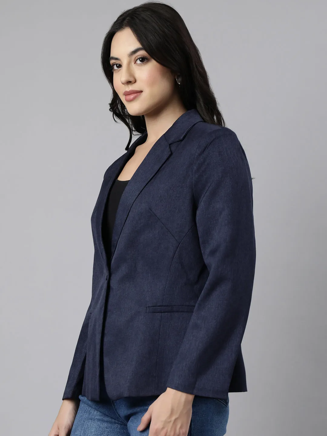 Multipurpose Layering Ergonomic Sleeve Shaping Women's Navy Blue Single Breasted Slim-Fit Blazer