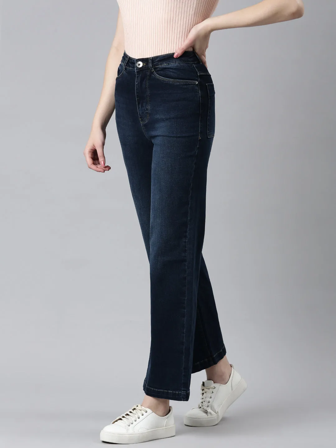 Women's Navy Blue Wide Leg Denim Jeans Formal Fashion Lover Chill Attire