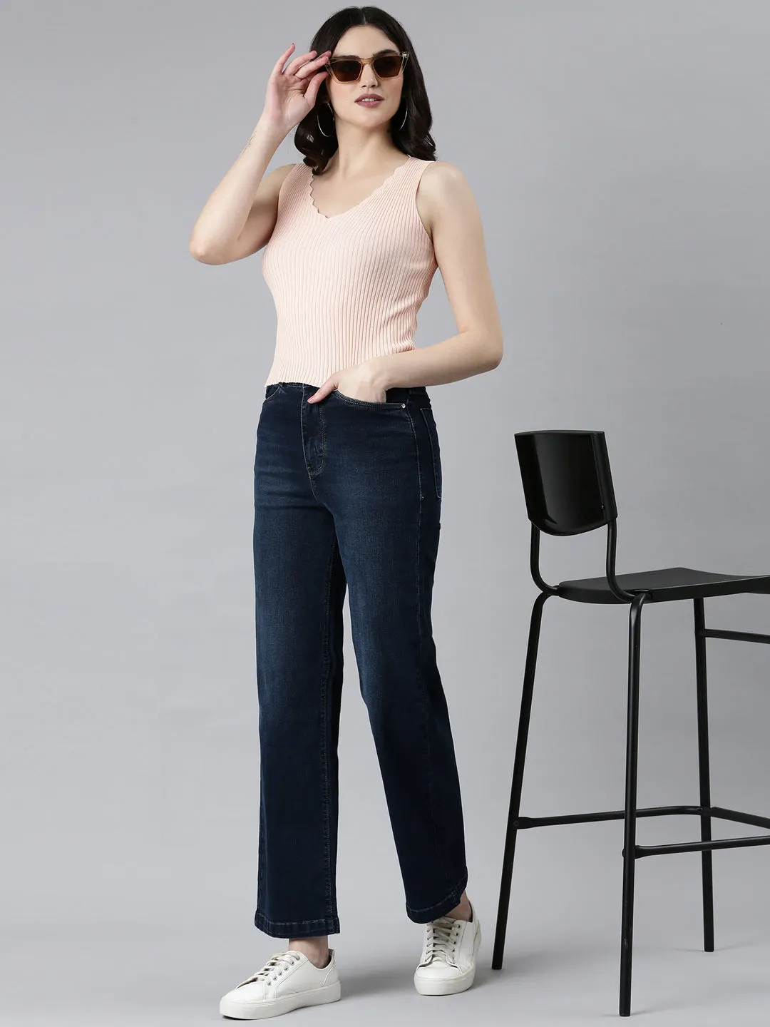 Vintage Inspired Weave Minimalist Elegant Women's Navy Blue Wide Leg Denim Jeans