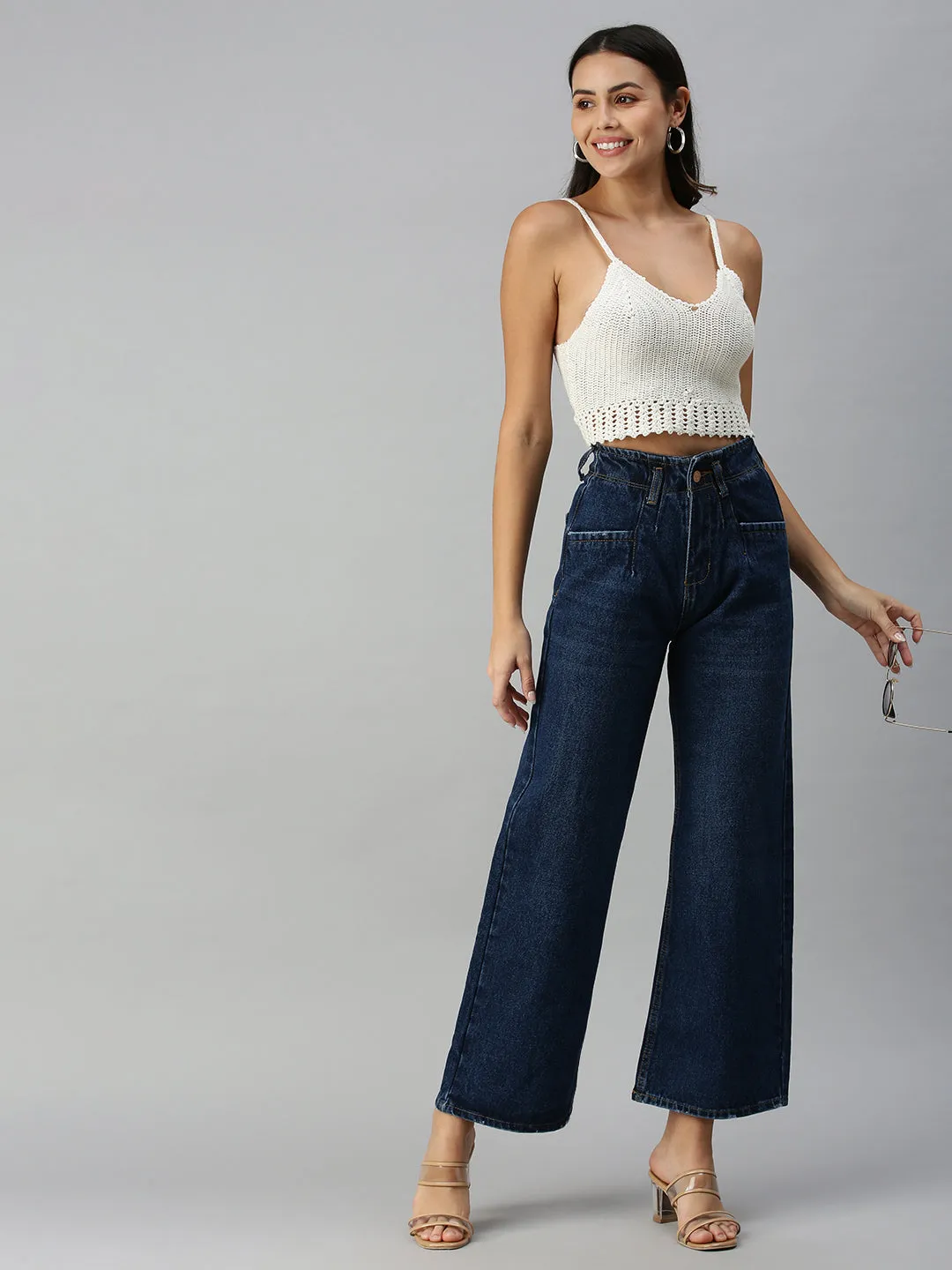 Work Meeting Casual Relaxed Cut Women's Navy Blue Wide Leg High-Rise Jeans