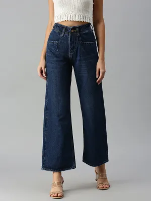 Women's Navy Blue Wide Leg High-Rise Jeans Date Night Sunny Vibes